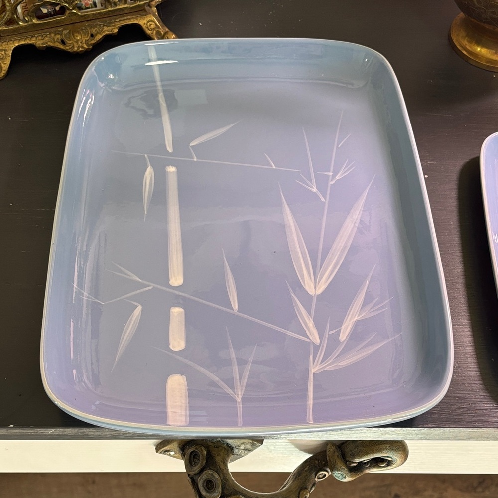 Winfield Blue Ceramic Serving Tray Set with Bamboo Motif - Picture 2 of 8